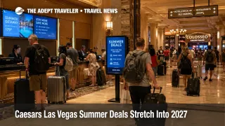 Caesars Las Vegas summer deals shown through a busy Strip hotel check in scene with travelers arriving for discounted stays