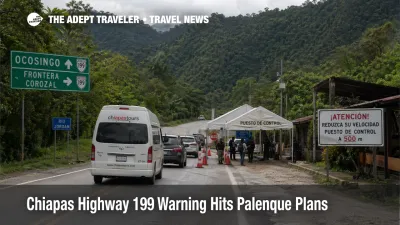 Chiapas Highway 199 warning scene shows slowed overland traffic near a checkpoint on the San Cristóbal to Palenque route