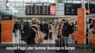 Travelers queue at London Gatwick as easyJet summer bookings shift later and Europe fare timing grows less predictable