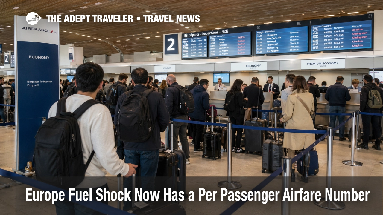 Europe airfare fuel costs at Paris Charles de Gaulle as long haul travelers queue beneath departure screens