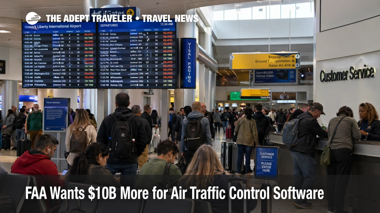 Crowded Newark gate area shows U.S. air traffic control upgrade pressure through visible delays and waiting travelers