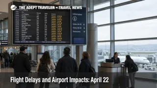 Travelers at San Francisco International Airport watch delayed departures on April 22 as wider U.S. hub disruption risk builds around SFO, Houston, Boston, and Denver.