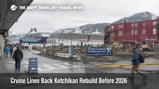 Ketchikan cruise rebuild funding story showing a community recovery site and cruise ship near port in Alaska