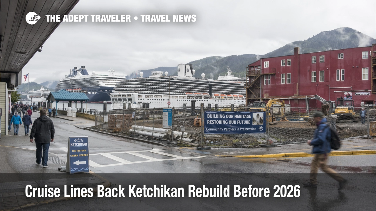 Ketchikan cruise rebuild funding story showing a community recovery site and cruise ship near port in Alaska
