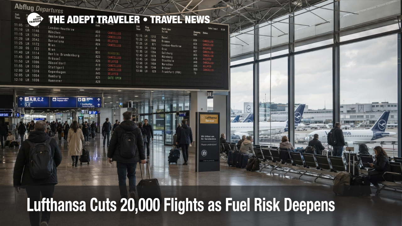 Lufthansa Europe flight cuts shown on a Frankfurt departures board as travelers face fewer short haul backup options