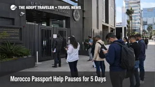 U.S. travelers wait outside the Casablanca consulate during Morocco passport help disruption tied to the April move