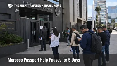 U.S. travelers wait outside the Casablanca consulate during Morocco passport help disruption tied to the April move