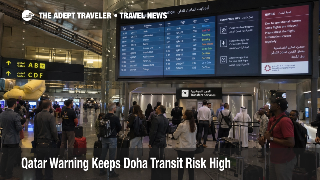 Travelers wait under departure boards at Doha as Qatar transit risk keeps Hamad connections exposed