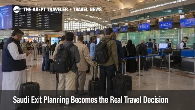 Saudi Arabia exit planning scene at Riyadh airport as travelers queue for departures amid volatile flight conditions