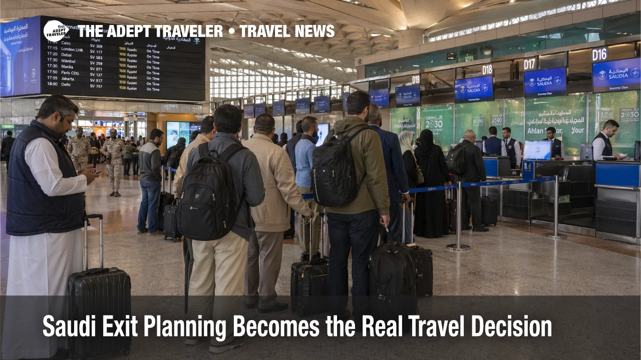 Saudi Arabia exit planning scene at Riyadh airport as travelers queue for departures amid volatile flight conditions