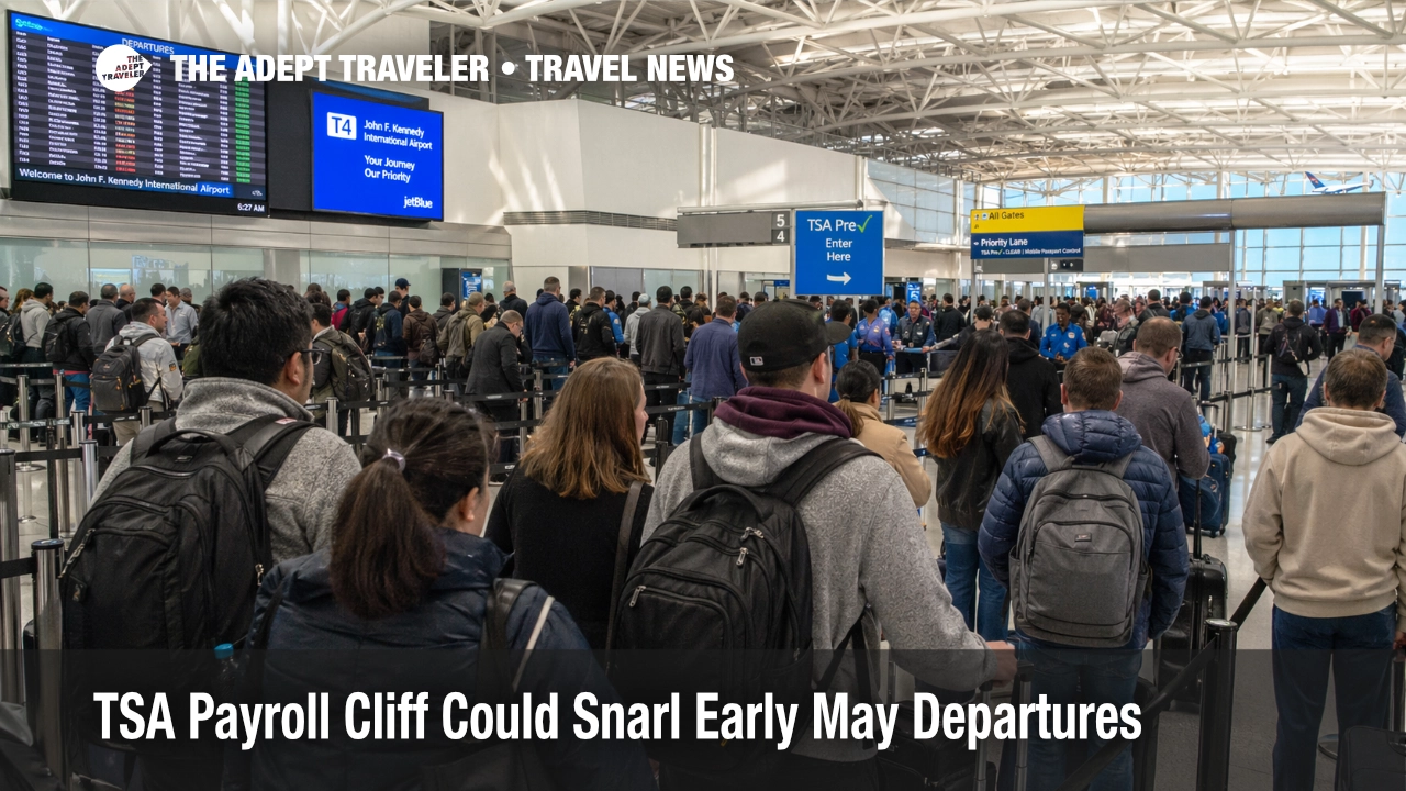 Long TSA payroll cliff security lines at JFK show early May U.S. airport screening pressure for departing travelers