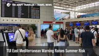 East Med package risk at Antalya Airport check in, with travelers and booking screens for Turkey summer holidays