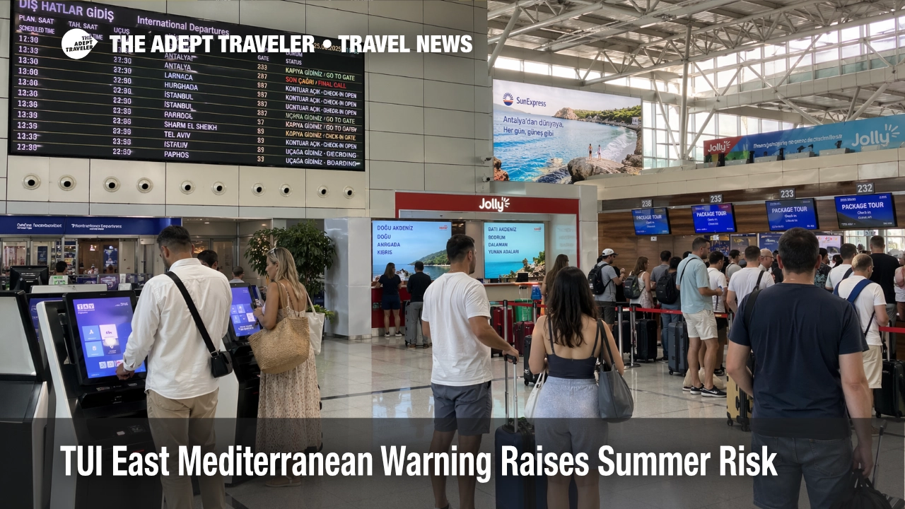 East Med package risk at Antalya Airport check in, with travelers and booking screens for Turkey summer holidays