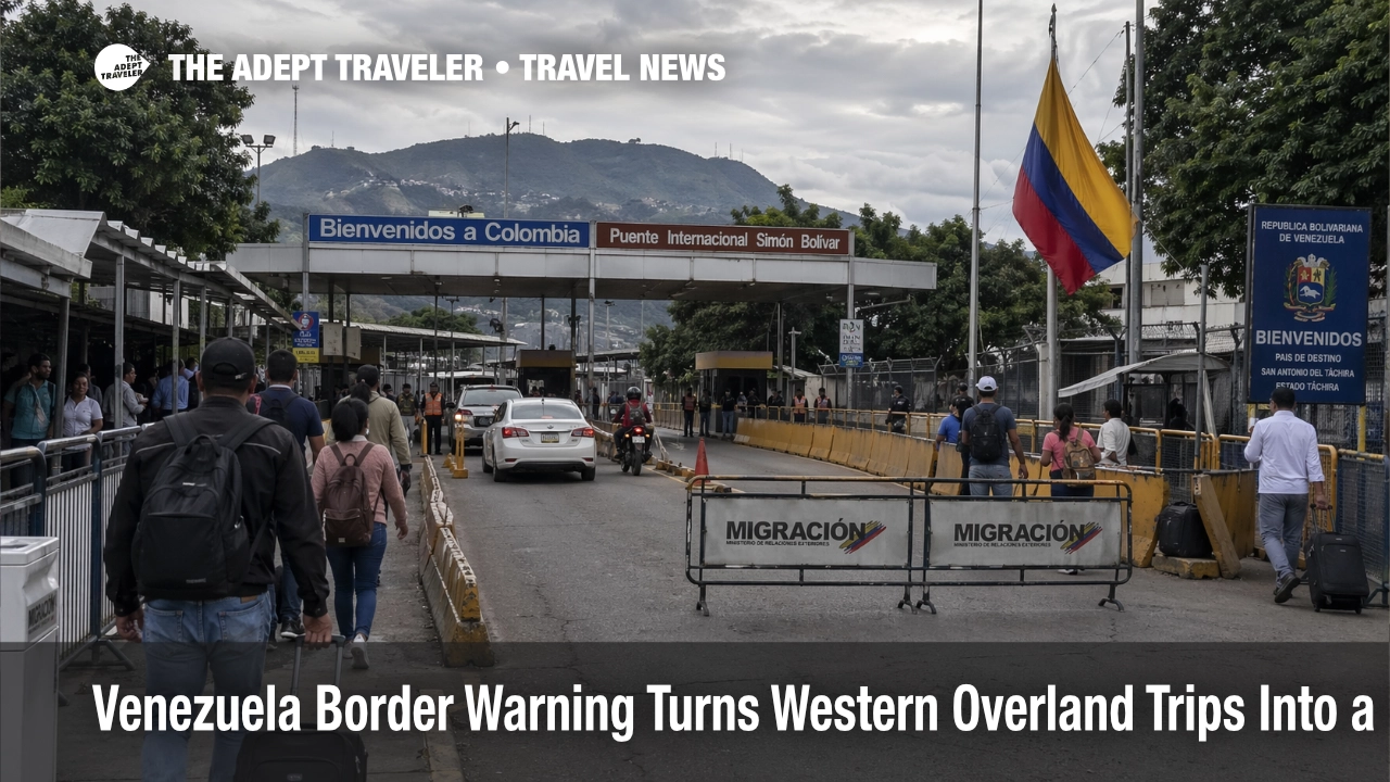 Venezuela border warning shown by a controlled Colombia frontier crossing near Táchira, where overland travel faces document risk