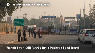 Wagah Attari border closure shown at the India Pakistan land crossing with halted approach lanes and stranded travelers