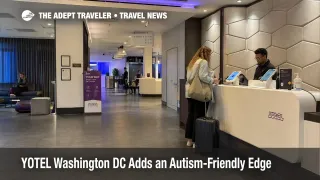 Autism-friendly hotel scene at YOTEL Washington DC shows a calm lobby and quieter check-in environment for sensory-sensitive stays