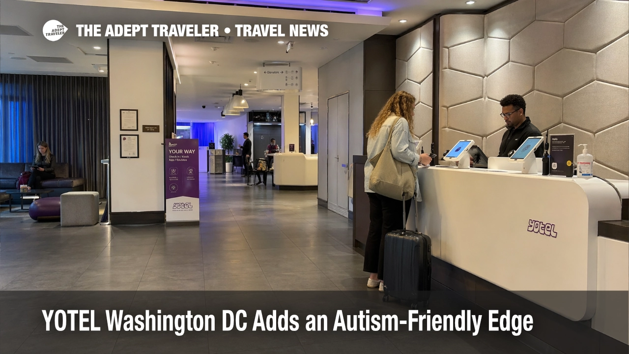 Autism-friendly hotel scene at YOTEL Washington DC shows a calm lobby and quieter check-in environment for sensory-sensitive stays