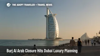 Burj Al Arab closure in Dubai shown through a quiet luxury hotel shoreline scene with lighter guest activity