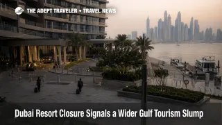 Dubai tourism slump shown through a subdued luxury hotel arrival scene in Dubai as Gulf travel demand weakens