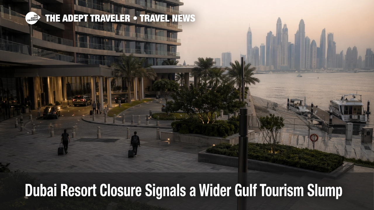 Dubai tourism slump shown through a subdued luxury hotel arrival scene in Dubai as Gulf travel demand weakens