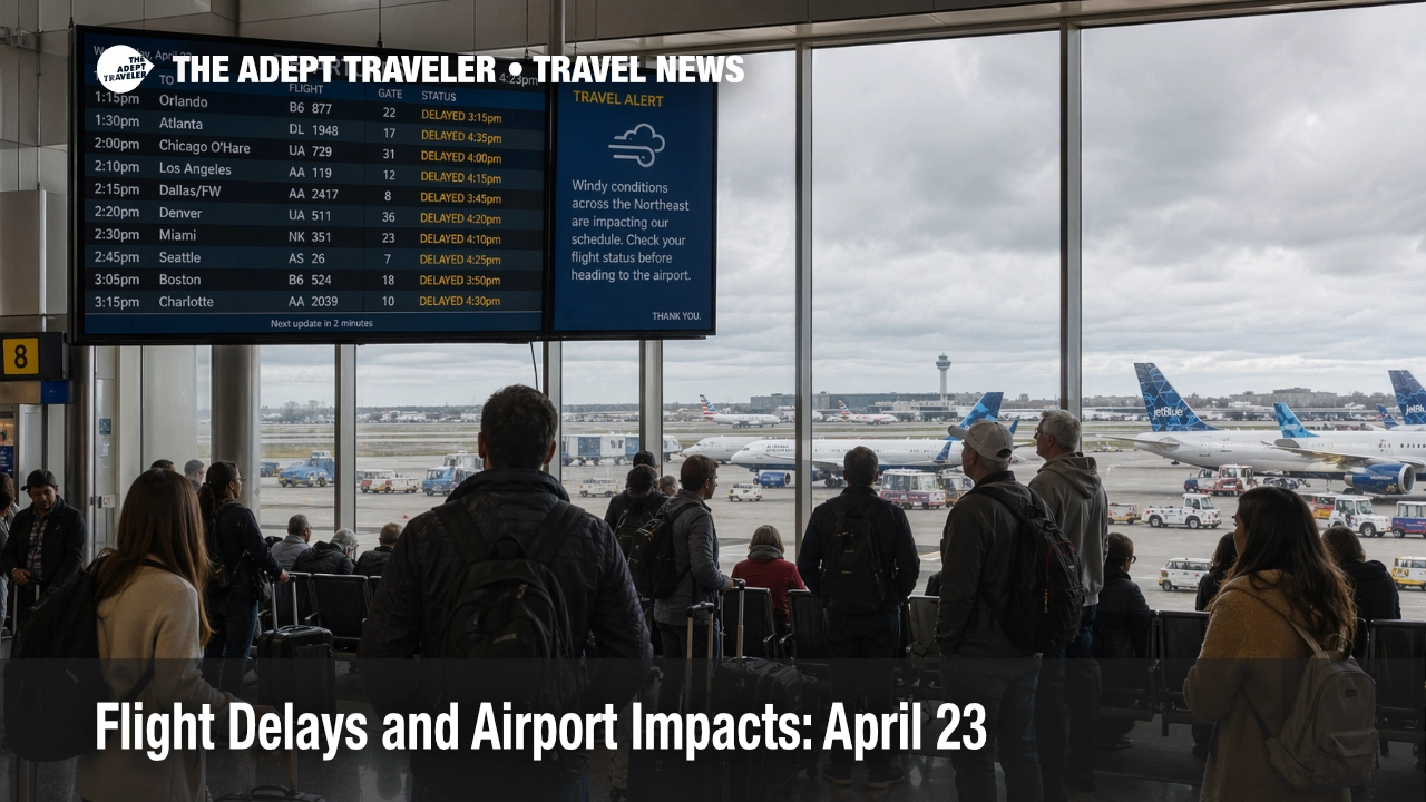 April 23 flight delays at JFK shown by waiting travelers and departure boards during a windy afternoon.
