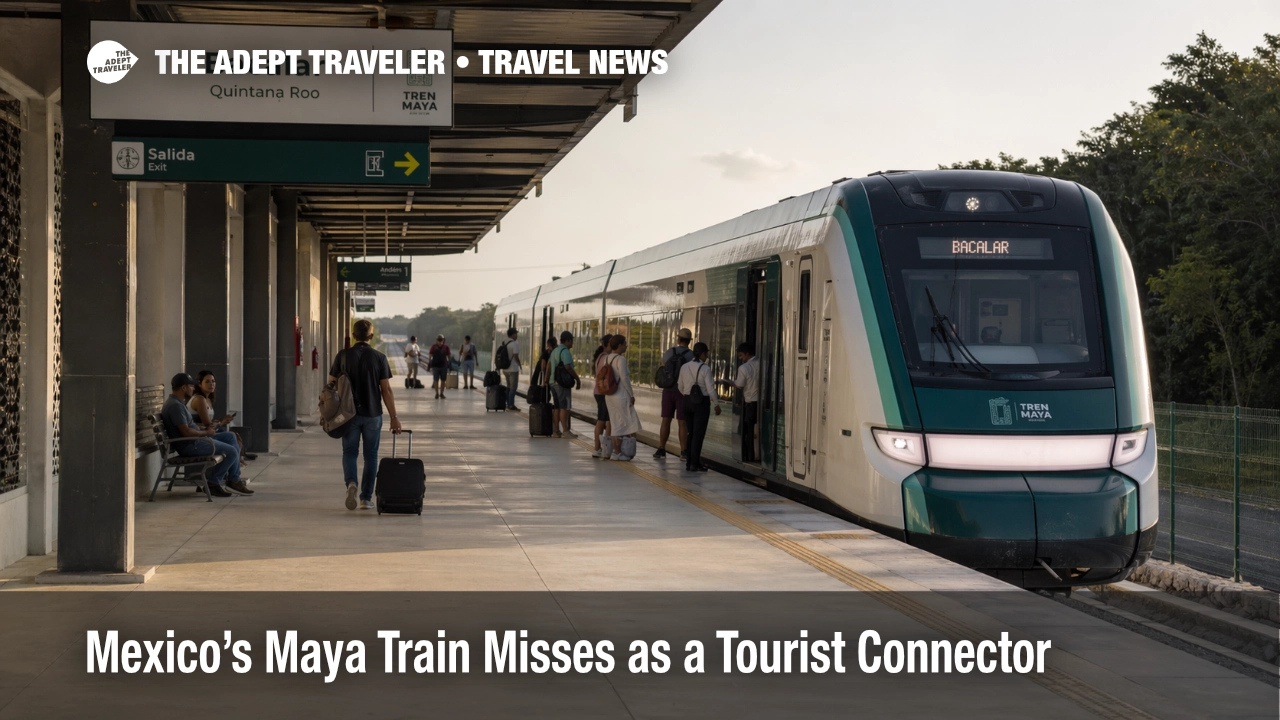 Light passenger activity at Bacalar Station shows the Maya Train tourist connector working less smoothly than advertised