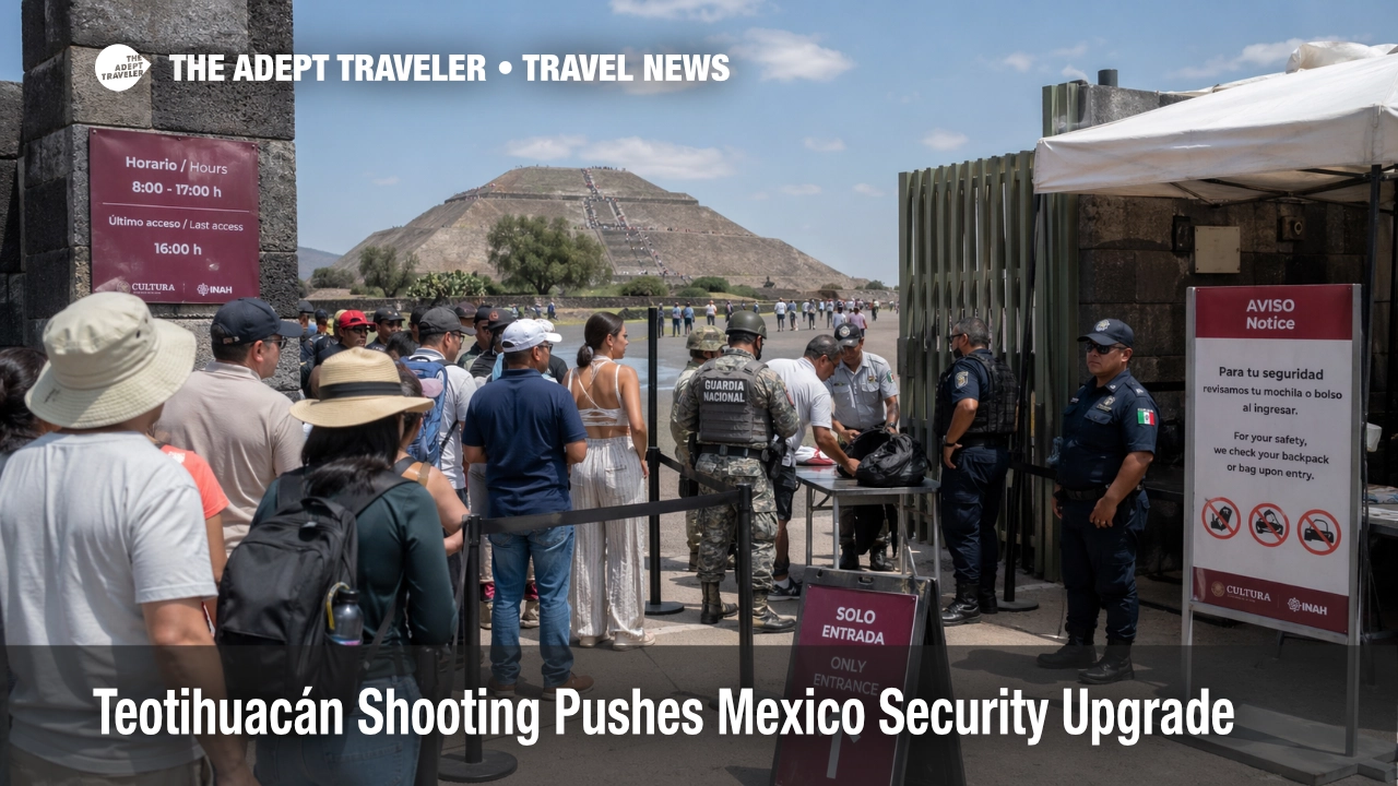 Visitors queue at Teotihuacán under tighter Mexico tourist security after the shooting, with guards and bag checks visible