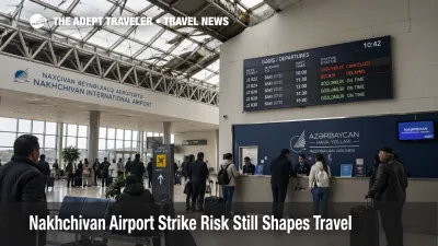 Nakhchivan airport strike risk shown through a tense terminal scene as travelers wait under disrupted departures