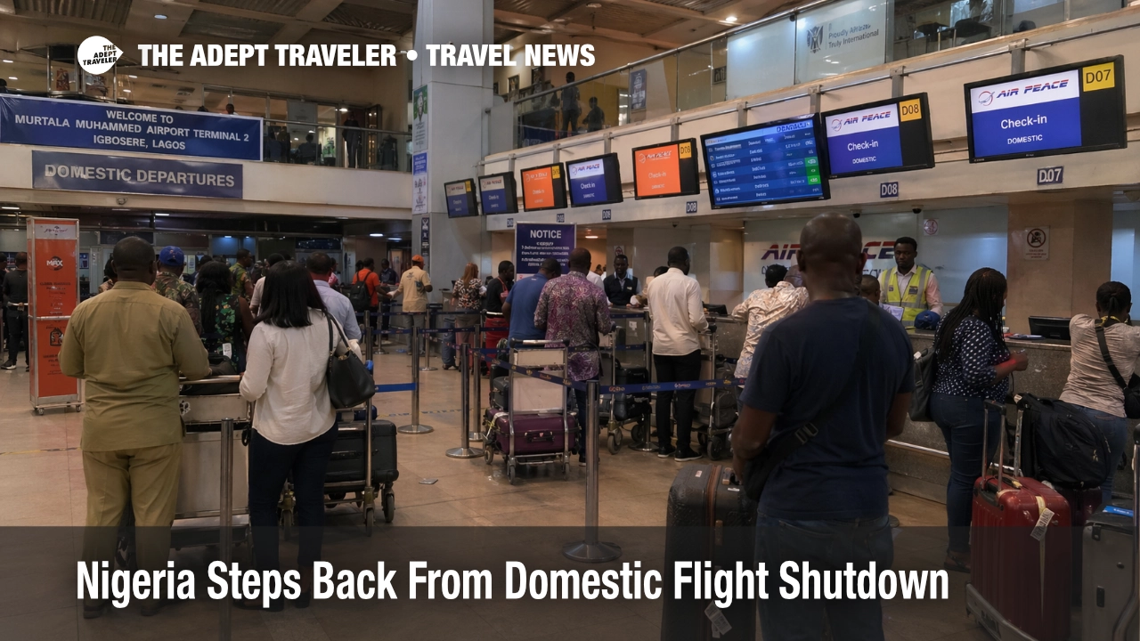 Travelers queue at Lagos domestic terminal during Nigeria domestic flight shutdown risk and airline fuel crisis
