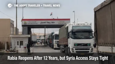 Rabia border crossing in Iraq with freight trucks queued at the Syria route checkpoint after the April 2026 reopening