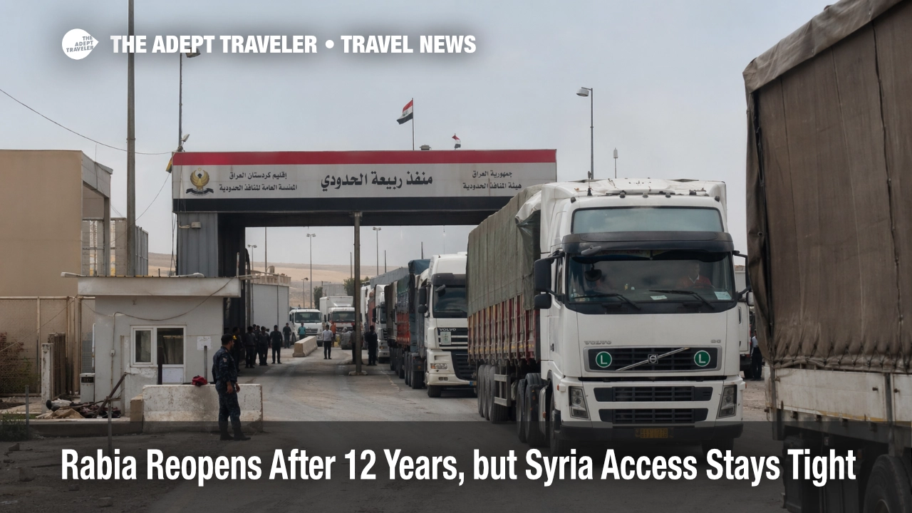 Rabia border crossing in Iraq with freight trucks queued at the Syria route checkpoint after the April 2026 reopening