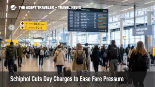 Daytime Schiphol airport charges story shown by busy AMS departure and transfer lines during Europe fuel cost pressure