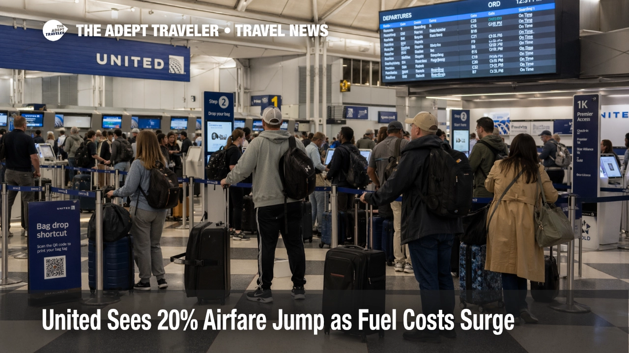 Travelers queue at Chicago O'Hare as the United airfare increase and higher bag fees raise trip costs