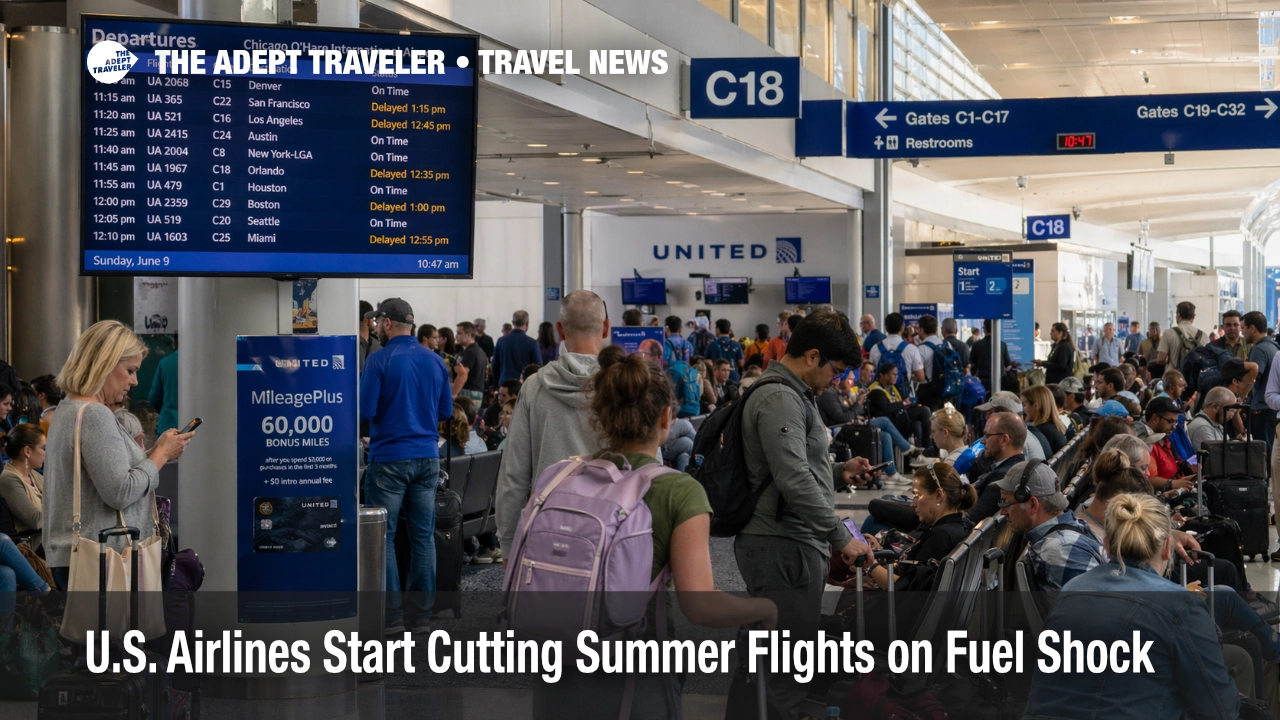 Crowded Chicago O'Hare gate area shows U.S. summer flight cuts reducing backup options as fuel costs surge.