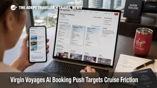 Traveler compares Virgin Voyages AI booking options for cabins and excursions in a realistic cruise planning scene