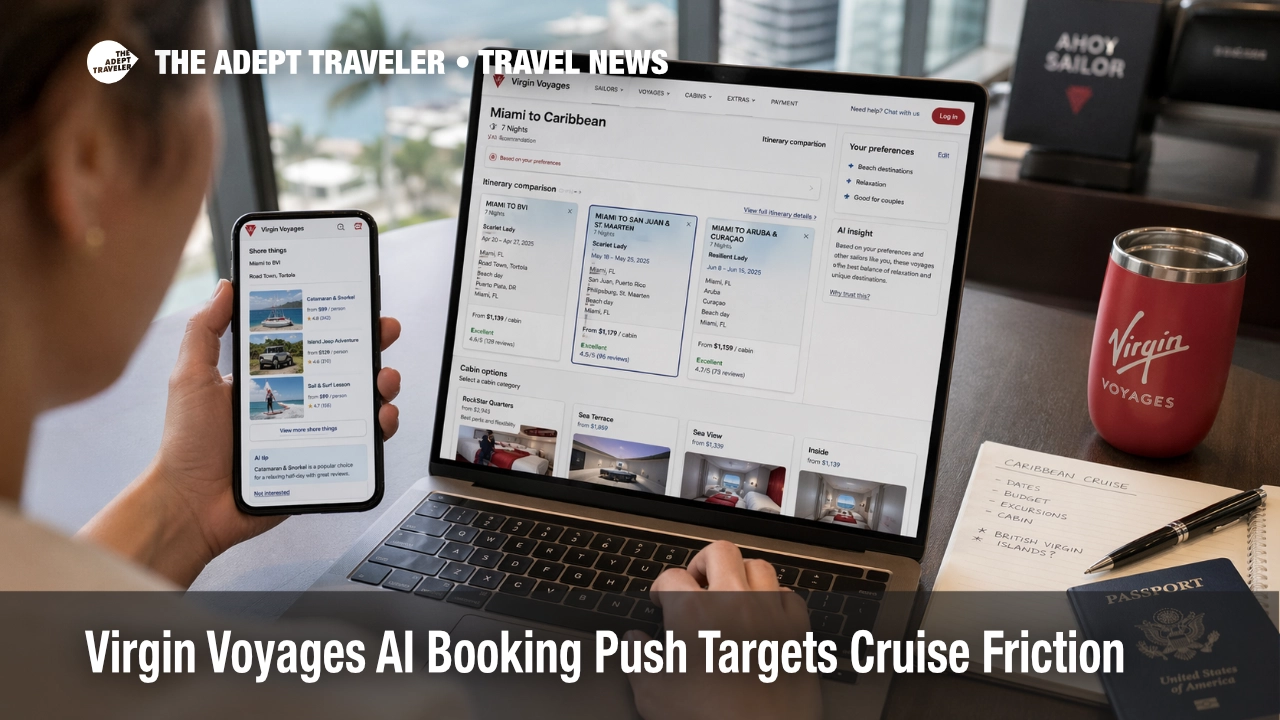 Traveler compares Virgin Voyages AI booking options for cabins and excursions in a realistic cruise planning scene