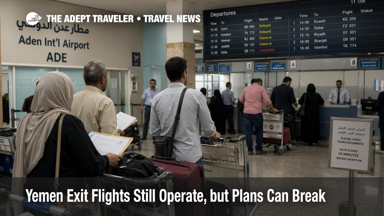 Yemen exit flights scene at Aden airport, where travelers queue under uncertain departures and fragile airport operations