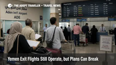 Yemen exit flights scene at Aden airport, where travelers queue under uncertain departures and fragile airport operations