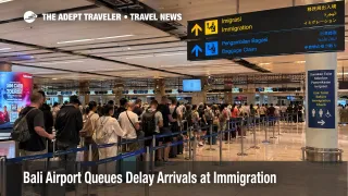 Long Bali airport queues at Ngurah Rai immigration show travelers waiting with documents after arrival.