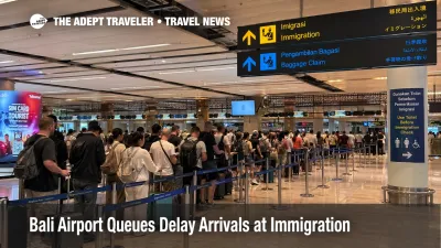 Long Bali airport queues at Ngurah Rai immigration show travelers waiting with documents after arrival.