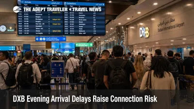 DXB evening arrival delays shown by travelers waiting near transfer security at Dubai International Airport.