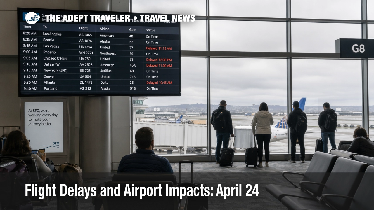 Travelers watch delayed flights at SFO as April 24 flight delays and airport impacts build across U.S. hubs.