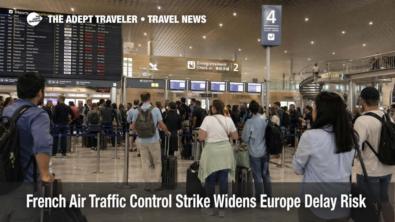 French ATC strike delays shown by travelers waiting near departure boards at Paris Charles de Gaulle Airport.