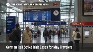 Travelers check boards at Frankfurt Airport station as German rail strike risk eases before May trips.