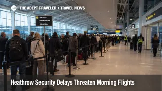 Heathrow security delays show travelers queuing at Terminal 5 during a busy morning departure bank.