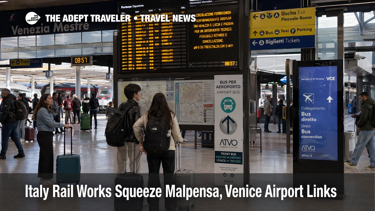 Travelers at Venezia Mestre face Italy rail airport disruption while connecting to Marco Polo Airport buses.