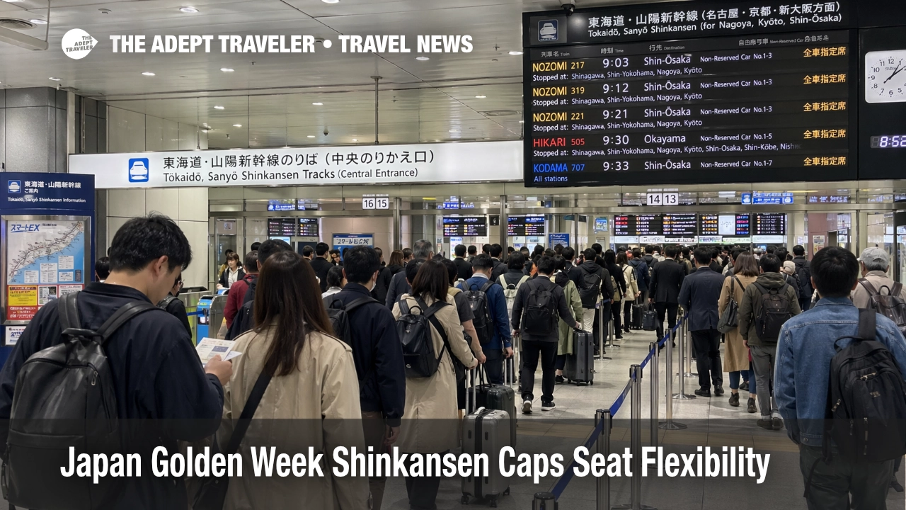 Crowded Tokyo Station gates show Japan Golden Week Shinkansen travelers lining up for reserved Nozomi trains.