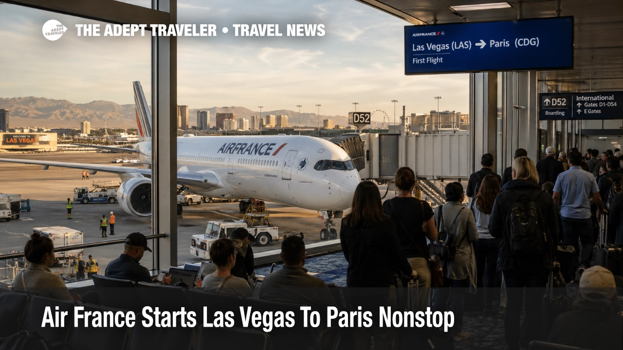 Air France Las Vegas Paris nonstop passengers board an A350 at Harry Reid International Airport.
