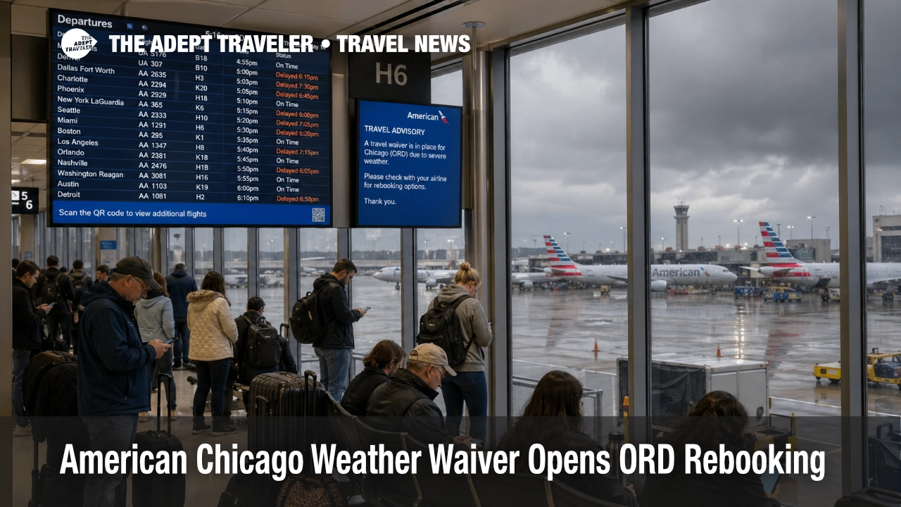 Travelers at ORD watch delay boards during the American Chicago weather waiver for severe storms.