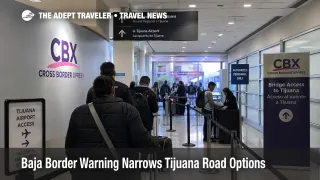 Baja border warning travelers queue at CBX before crossing toward Tijuana airport under tighter route planning.